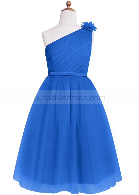 One Shoulder Royal Blue Pleated Tulle Junior Bridesmaid Dress